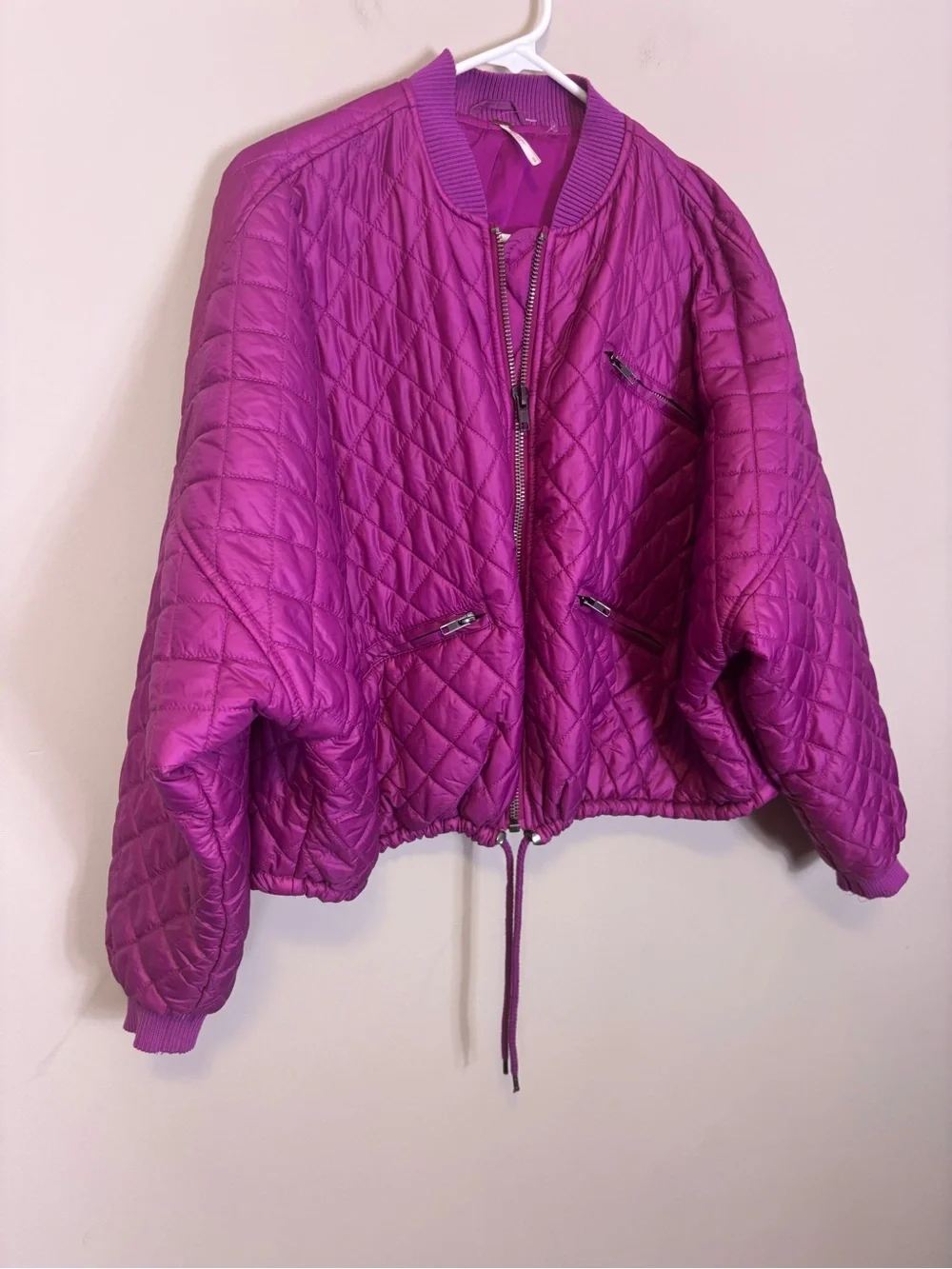 Free People Women’s Quilted Bomber Zip Up Jacket - Vibrant Magenta Small